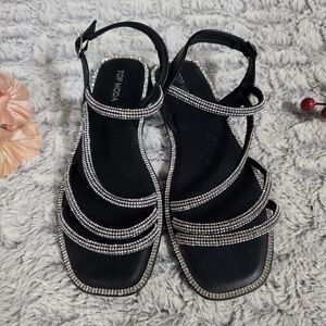 Top Moda Sparkly Rhinestone Flat Sandals Black Size 9